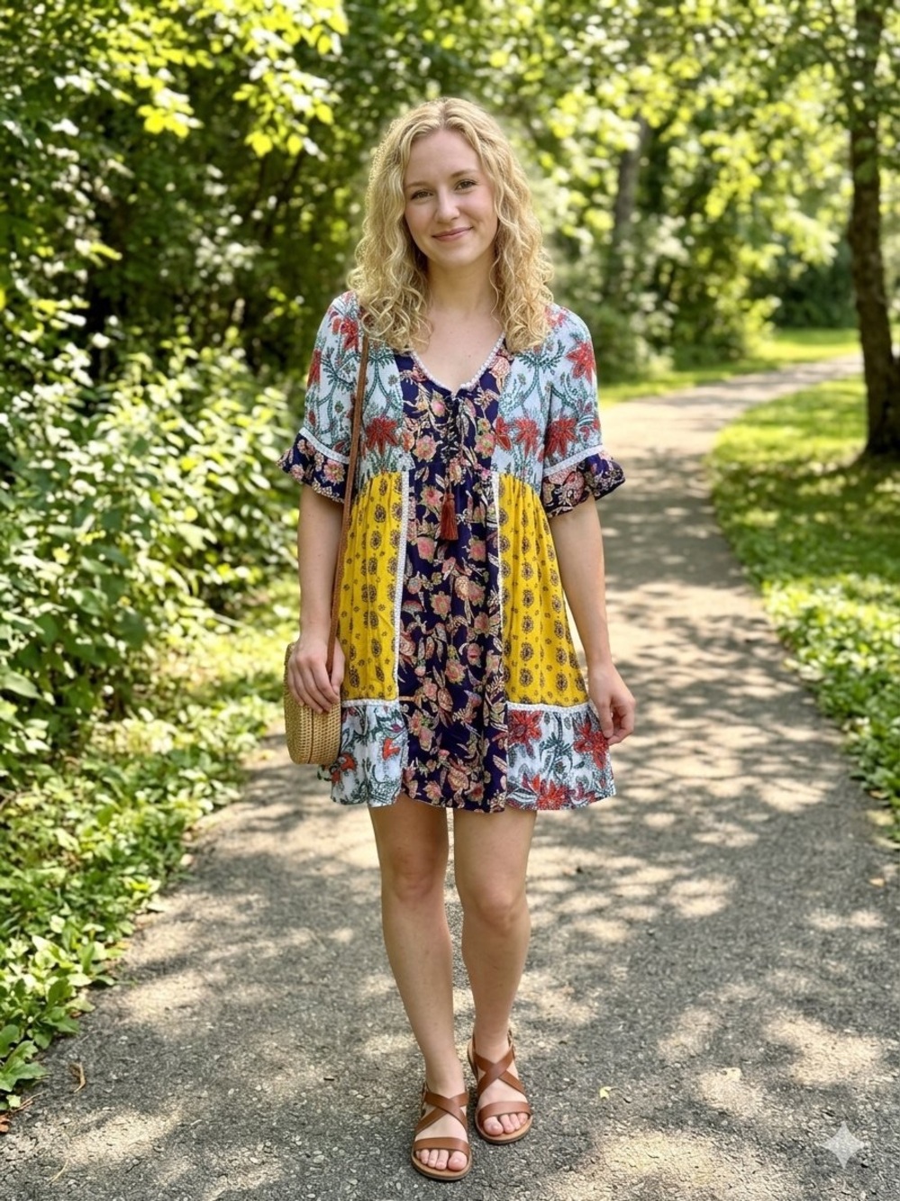 Anthropologie Patchwork Floral Dress in Navy, Yellow & Light Blue